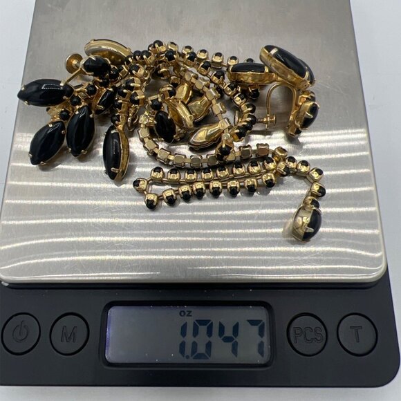 Vtg 50s Black Rhinestone Bib Necklace Set Gold Tone Screwback Earrings Waterfall - Picture 8 of 9